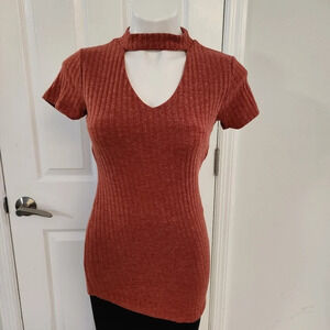 Love J Orange Ribbed Asymmetrical Top
